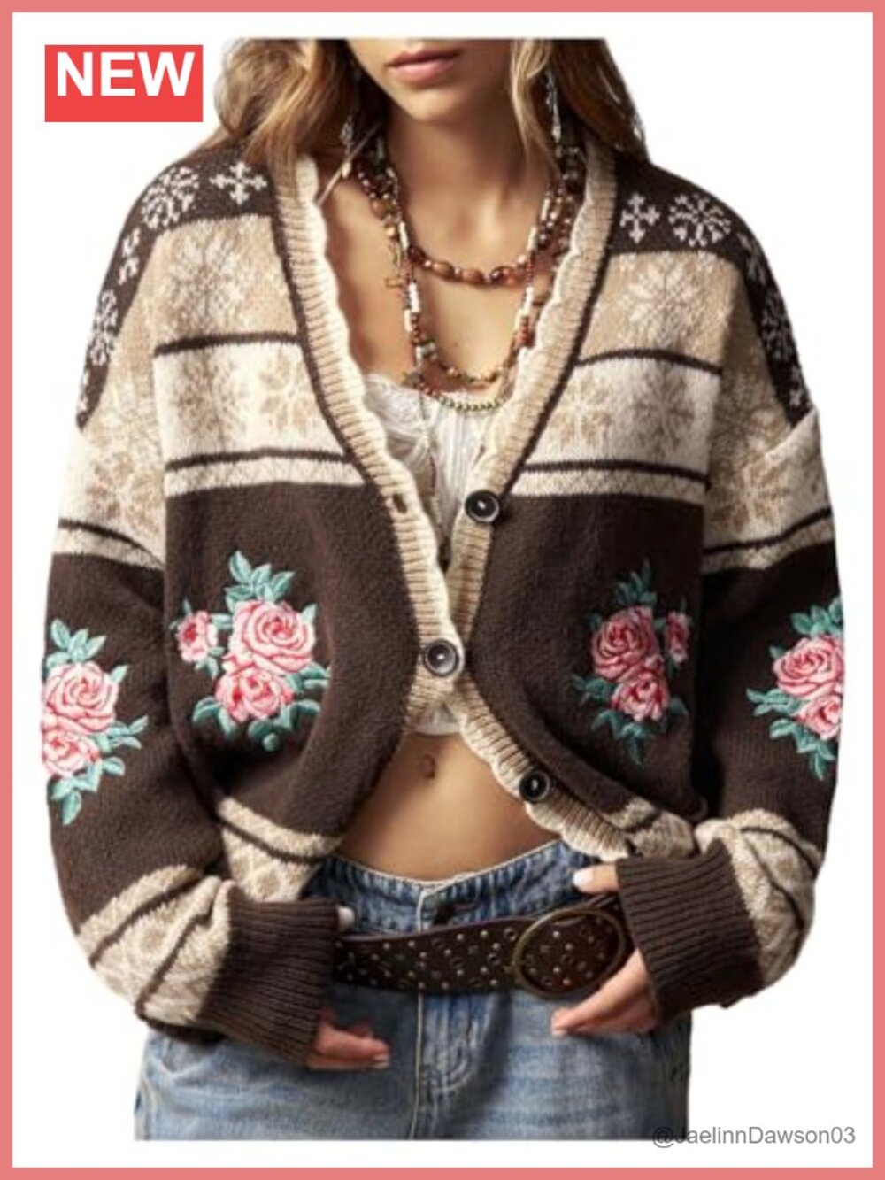 Women's Floral Embroidered Fair Isle Button Up Oversized Cardigan Sweater